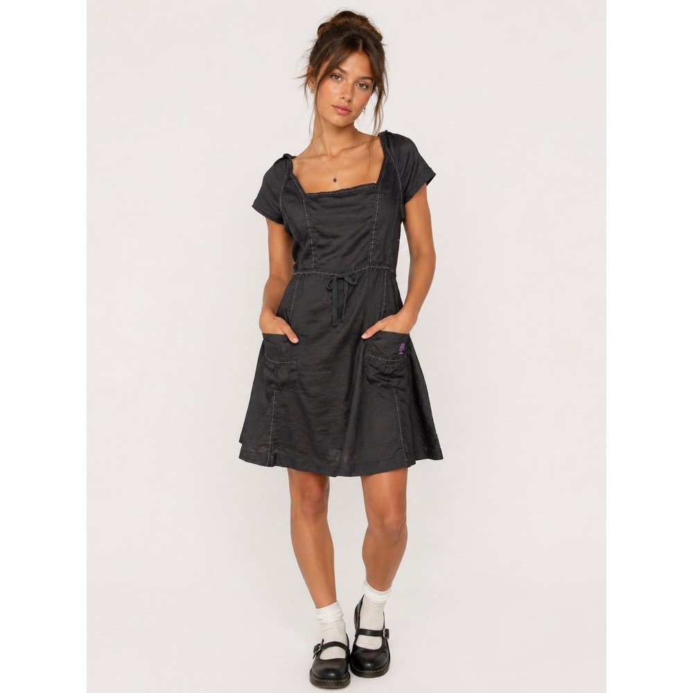 Kanabeach Womens Hooded Hemp Dress M 8 10‎ Gorpcore Utility Black Mini Dress